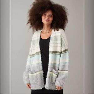 AE Whoa So Cozy Fuzzy Cardigan Striped Small Gray Green Blue EUC